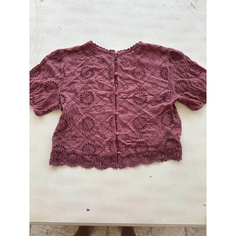 Abercrombie & Fitch Eyelet Lace Puff Sleeve Crop Top Dusty Rose Pink Boho